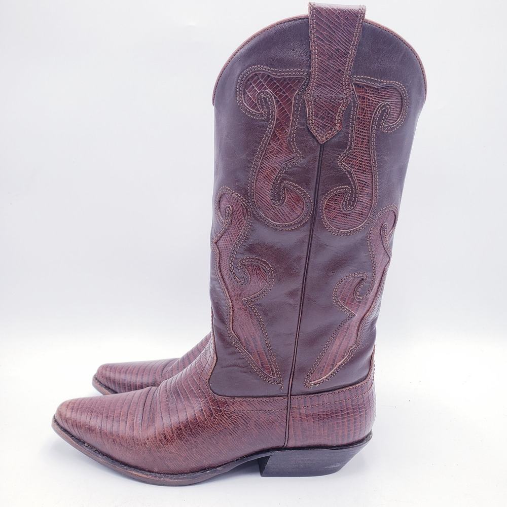 Nine West Western Boots Brown‎ Lizard Leather Inlay Pointed Toe Womens Size 6.5 - Picture 3 of 11